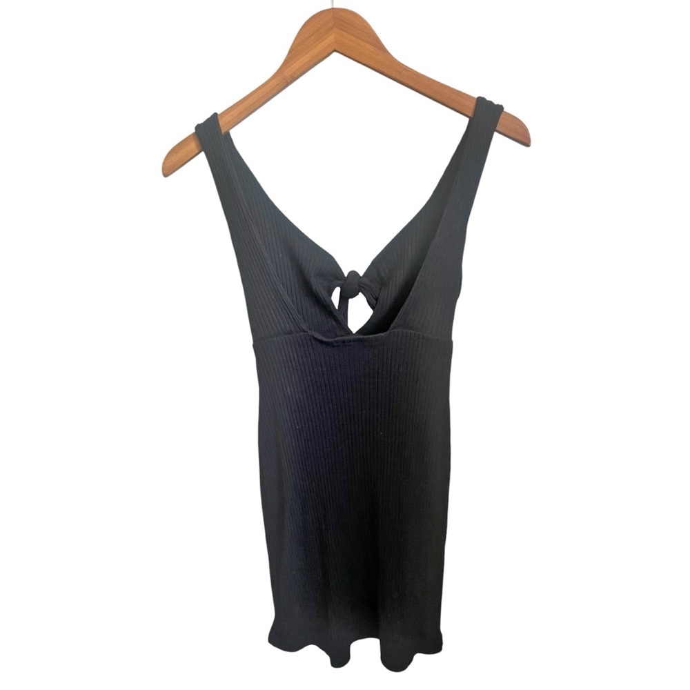 Farm Rio Black Mini Ribbed Knit Tie Front Keyhole Beachy Summer Dress Size Small - Picture 6 of 6
